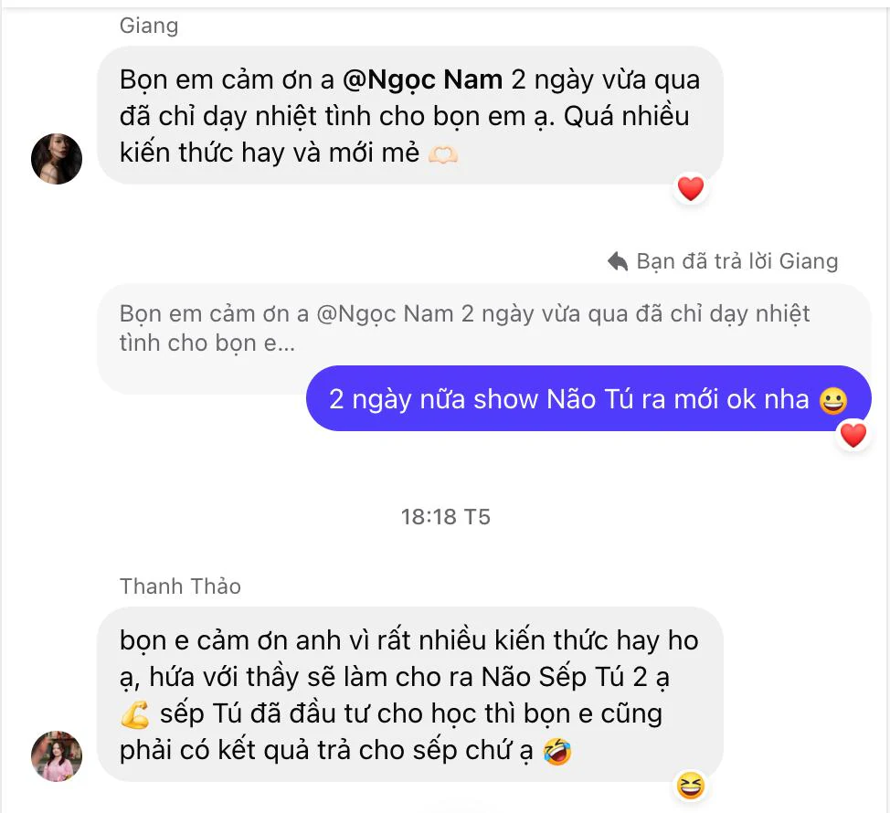 Tin nhắn cảm ơn của Giang và Thanh Thảo sau hai ngày học